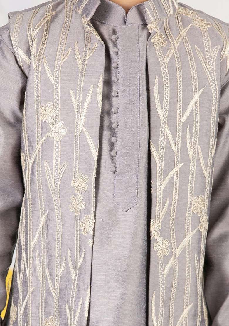 Grey Thread Work Blended Kurta Set For Boys - Indya