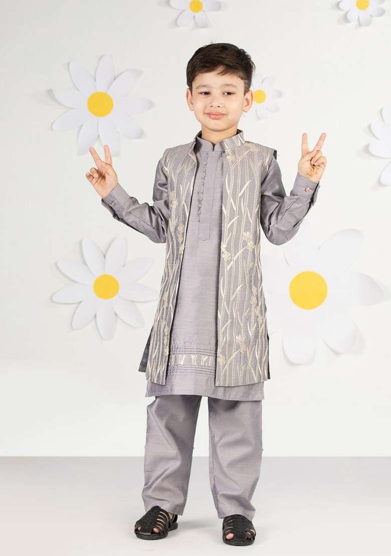 Grey Thread Work Blended Kurta Set For Boys - Indya