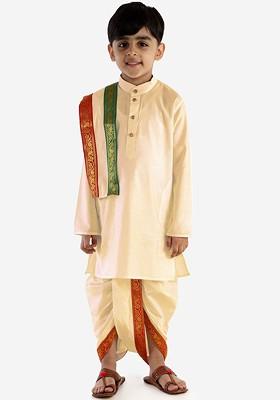 Cream Embroidered Blended Kurta Dhoti Set For Boys