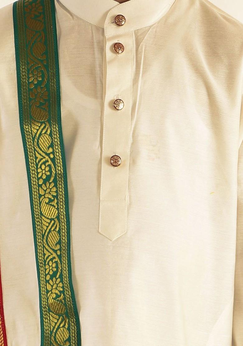 Cream Embroidered Blended Kurta Dhoti Set For Boys - Indya