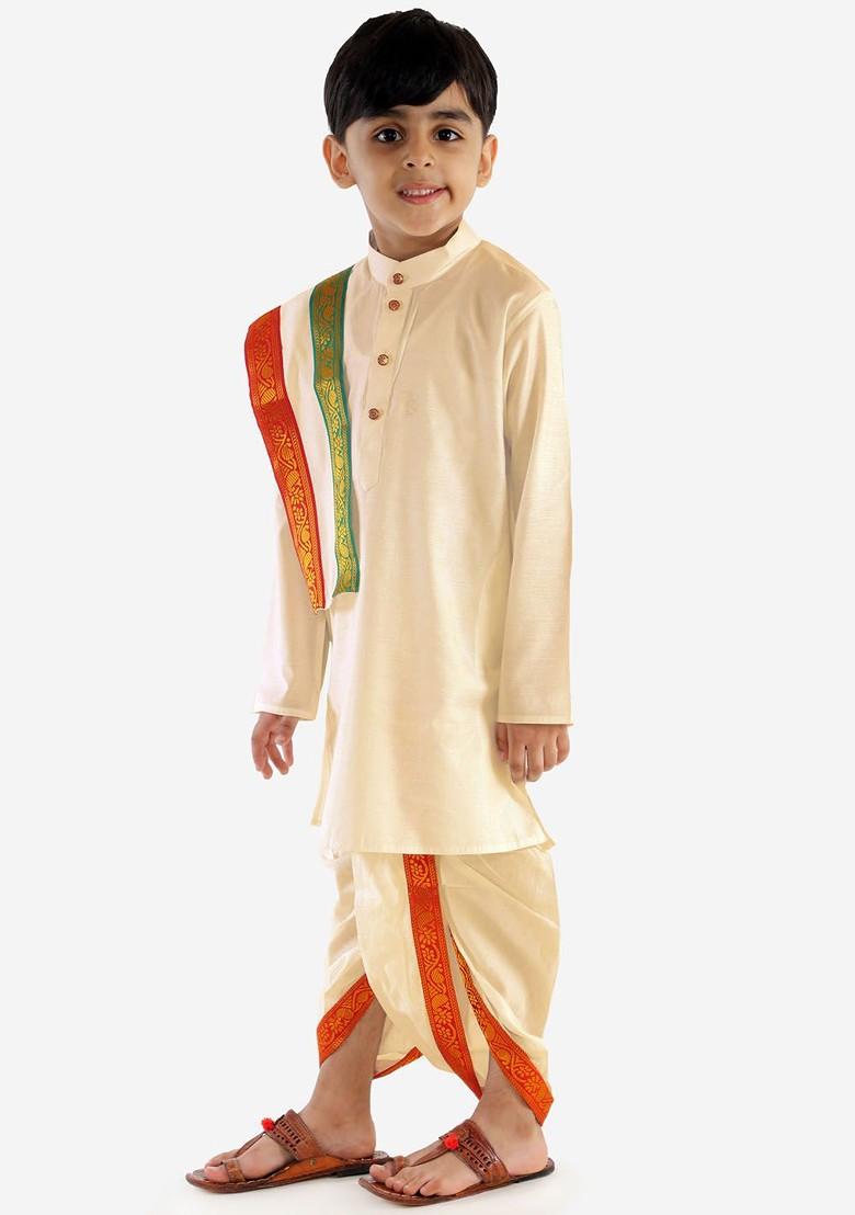 Cream Embroidered Blended Kurta Dhoti Set For Boys - Indya