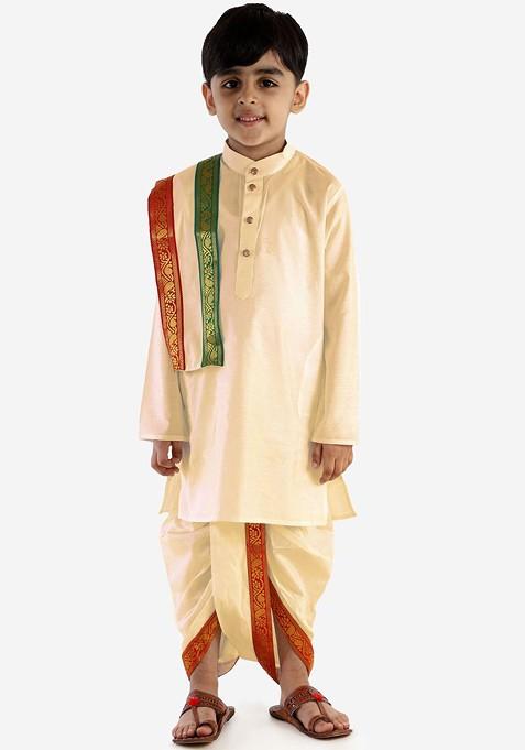 Cream Embroidered Blended Kurta Dhoti Set For Boys — view on Indya