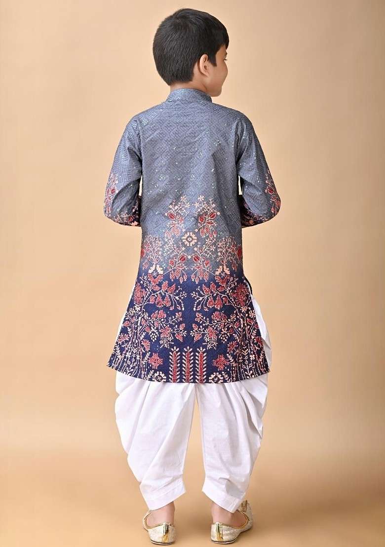 Grey Embroidered Viscose Rayon Kurta Set For Boys - Indya