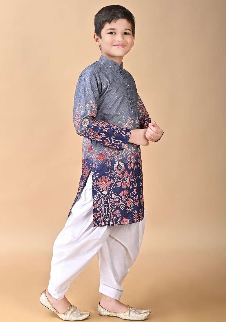 Grey Embroidered Viscose Rayon Kurta Set For Boys - Indya