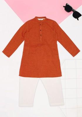 Rust Embroidered Cotton Kurta Set For Boys
