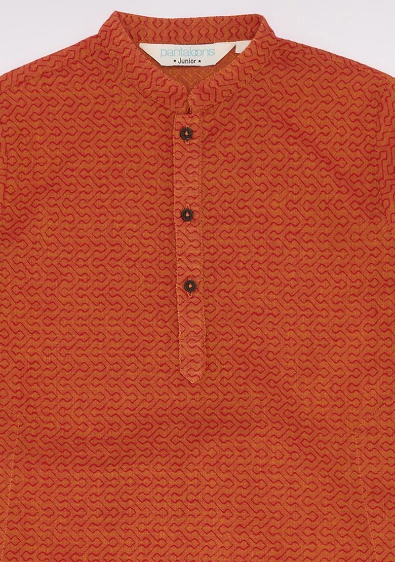 Rust Embroidered Cotton Kurta Set For Boys - Indya