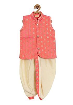 Pink Floral Cotton Kurta Dhoti Set For Boys