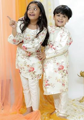 Cream Printed Blended Kurta Set For Boys