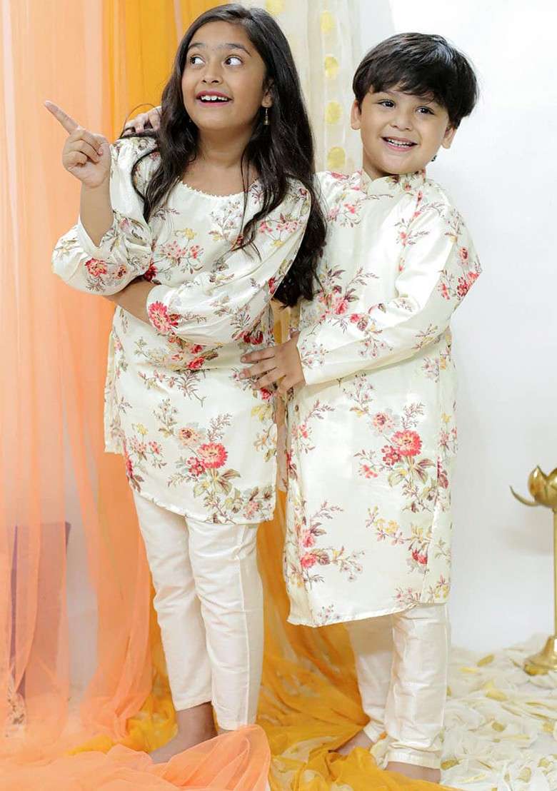 Cream Printed Blended Kurta Set For Boys - Indya