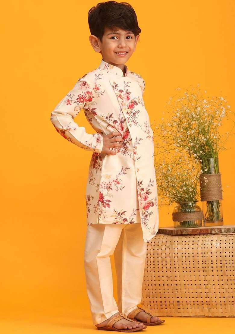 Cream Printed Blended Kurta Set For Boys - Indya