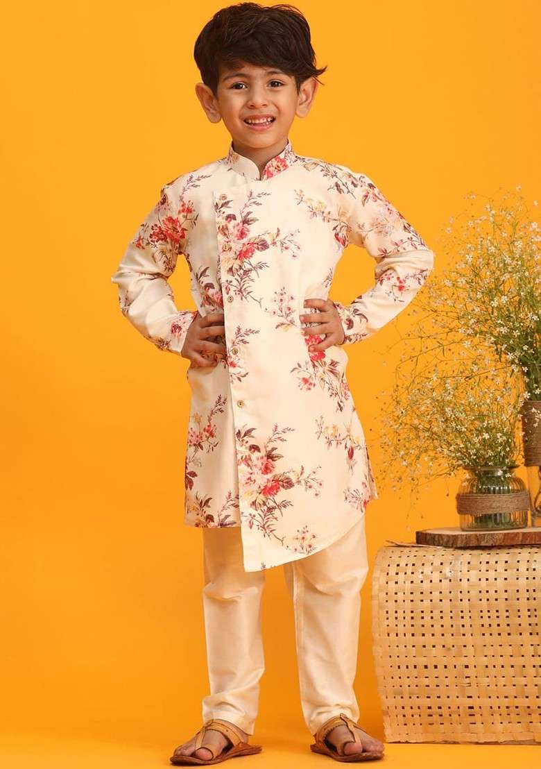 Cream Printed Blended Kurta Set For Boys - Indya