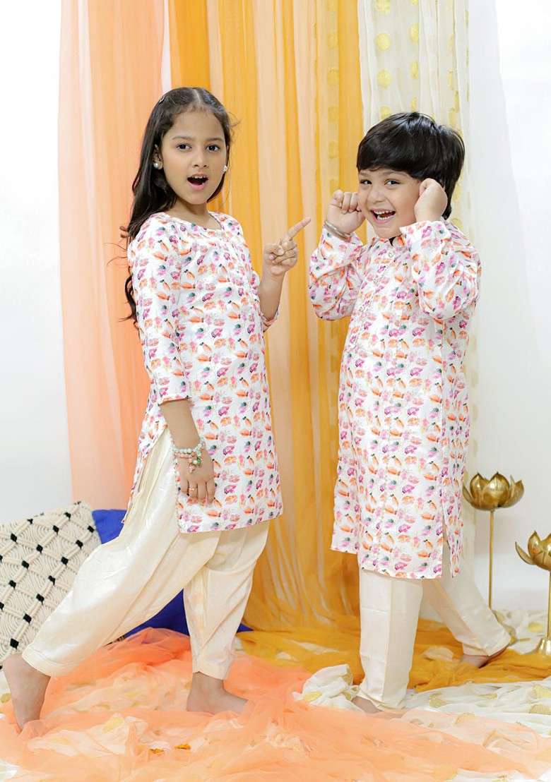 White Printed Blended Kurta Set For Boys - Indya
