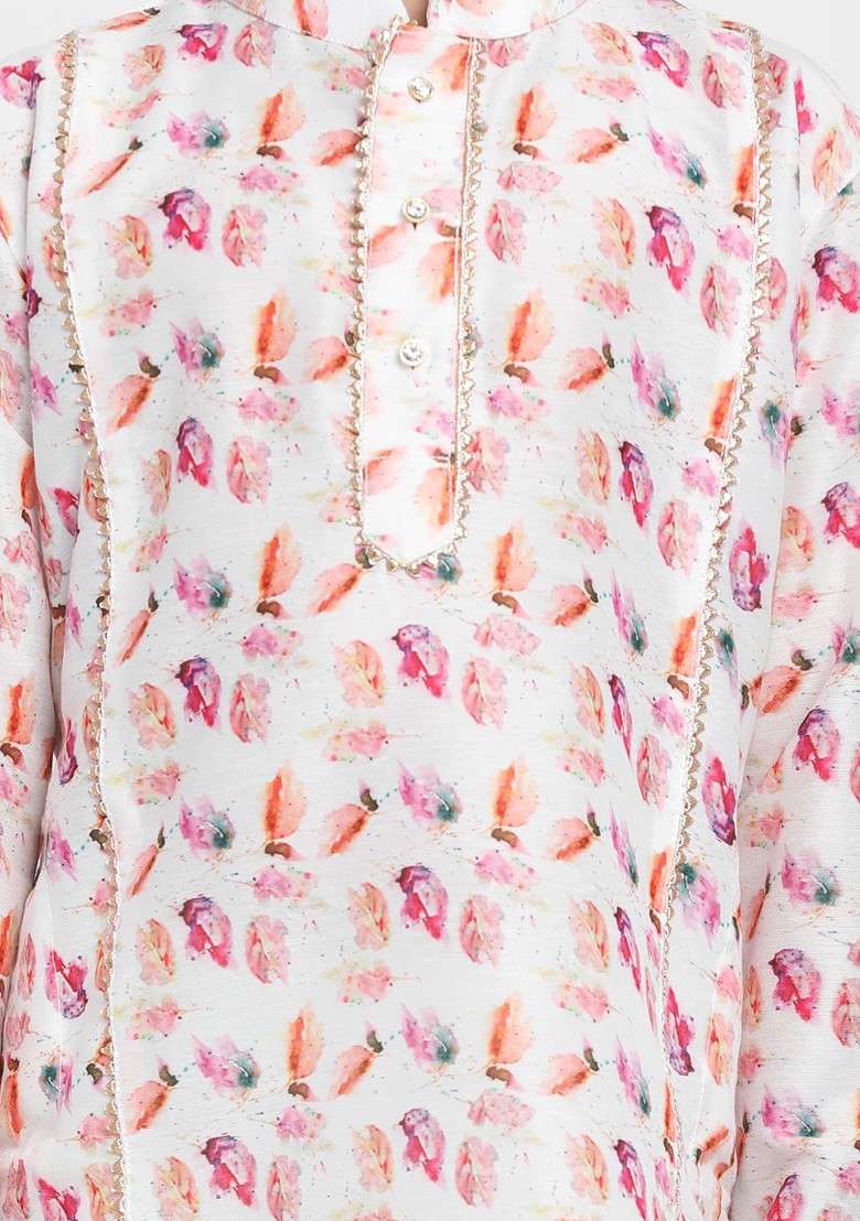 White Printed Blended Kurta Set For Boys - Indya