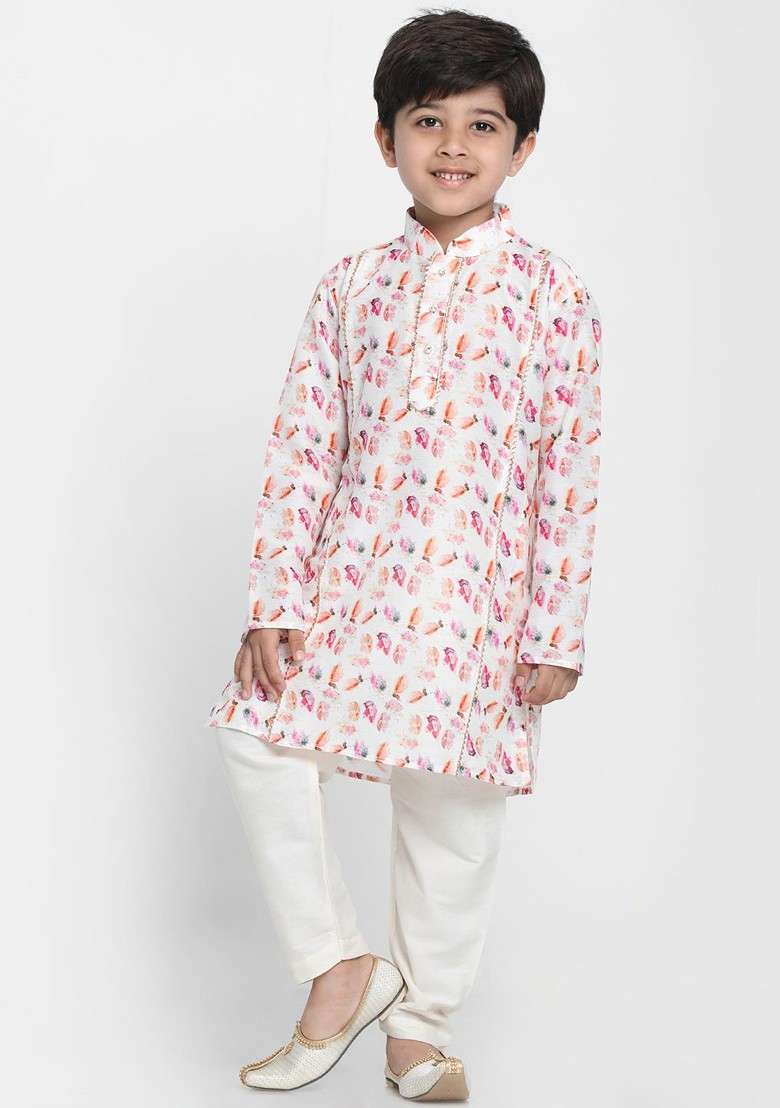 White Printed Blended Kurta Set For Boys - Indya