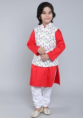 Red Embroidered Cotton Nehru Jacket Set For Boys