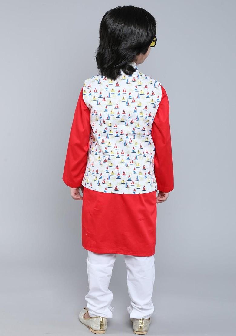 Red Embroidered Cotton Nehru Jacket Set For Boys - Indya