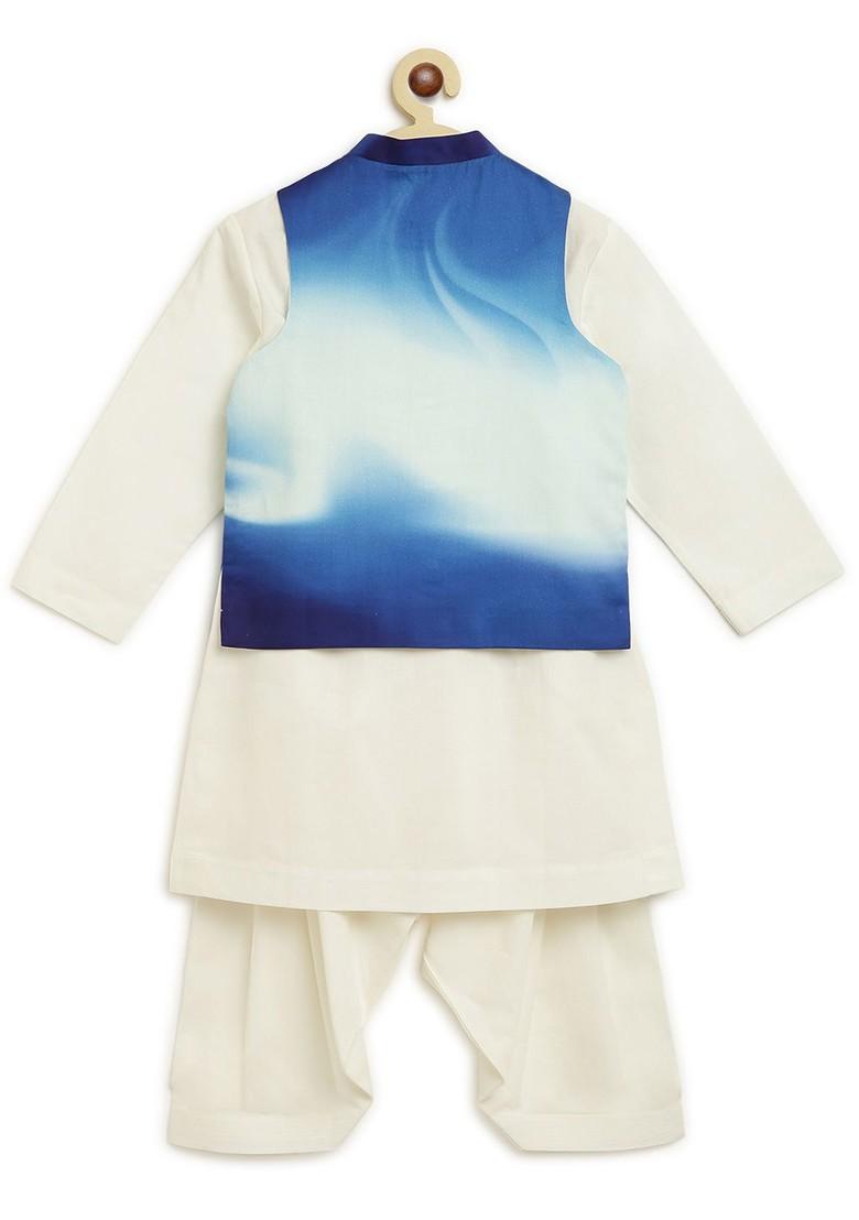 White Solid Blended Nehru Jacket Set For Boys - Indya