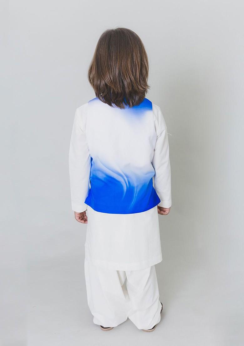 White Solid Blended Nehru Jacket Set For Boys - Indya
