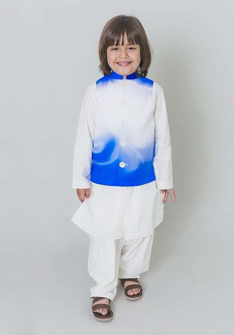 White Solid Blended Nehru Jacket Set For Boys