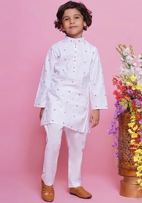 White Woven Design Cotton Kurta Set For Boys