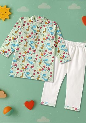 Sea Green Printed Cotton Kurta Set For Boys