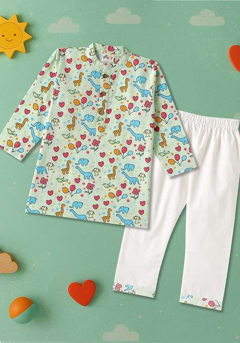 Sea Green Printed Cotton Kurta Set For Boys