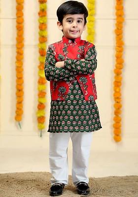 Red Printed Cotton Kurta Set For Boys