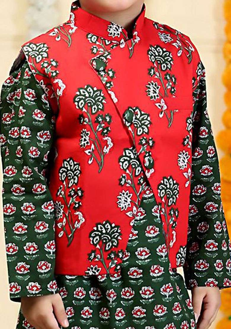 Red Printed Cotton Kurta Set For Boys - Indya
