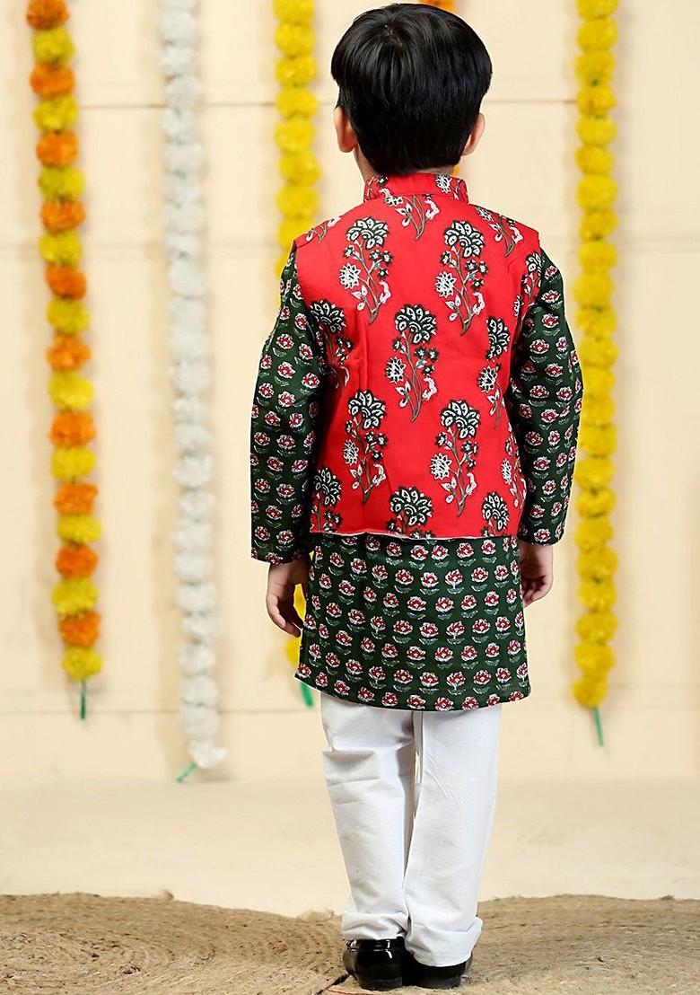 Red Printed Cotton Kurta Set For Boys - Indya