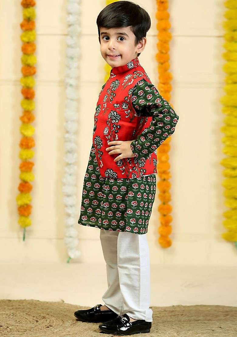 Red Printed Cotton Kurta Set For Boys - Indya