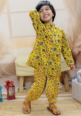 Yellow Printed Cotton Kurta Dhoti Set For Boys