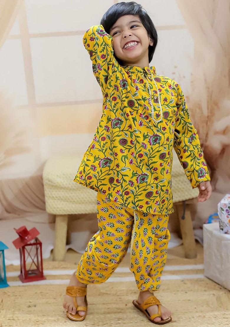 Yellow Printed Cotton Kurta Dhoti Set For Boys - Indya