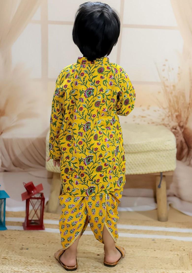 Yellow Printed Cotton Kurta Dhoti Set For Boys - Indya