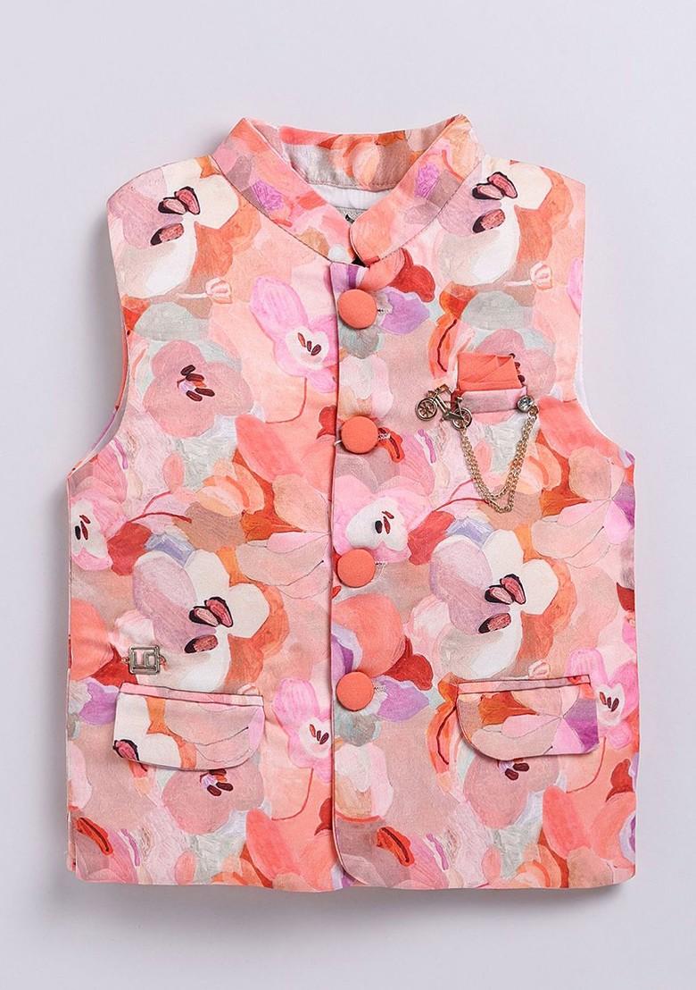 Peach Embroidered Blended Nehru Jacket Set For Boys - Indya