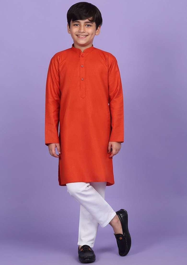 Orange Embroidered Blended Kurta Set For Boys - Indya