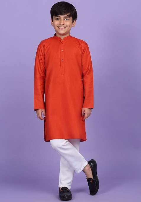 Orange Embroidered Blended Kurta Set For Boys