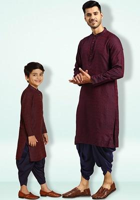 Purple Woven Design Blended Kurta Dhoti Set For Boys