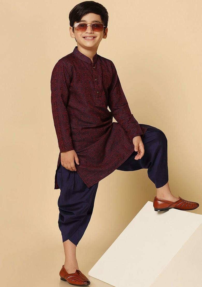 Purple Woven Design Blended Kurta Dhoti Set For Boys - Indya