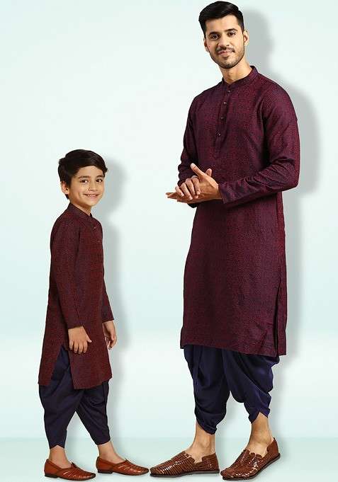 Purple Woven Design Blended Kurta Dhoti Set For Boys