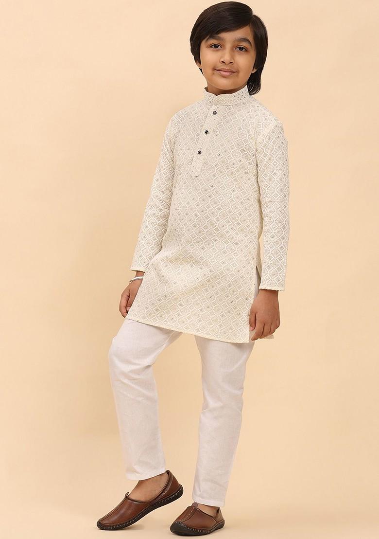 Cream Embroidered Cotton Kurta Set For Boys - Indya