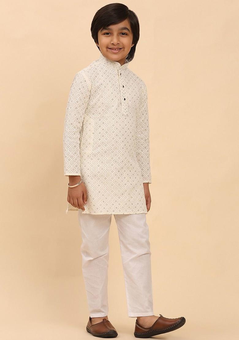 Cream Embroidered Cotton Kurta Set For Boys - Indya