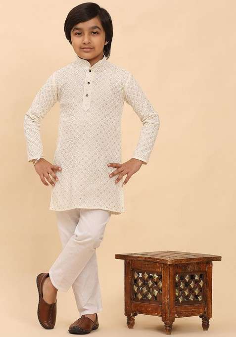 Cream Embroidered Cotton Kurta Set For Boys