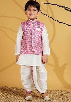 White Solid Blended Kurta Dhoti Set For Boys