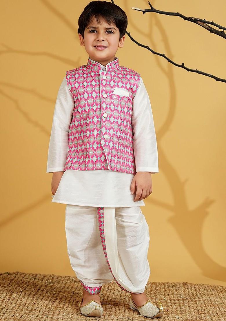 White Solid Blended Kurta Dhoti Set For Boys - Indya