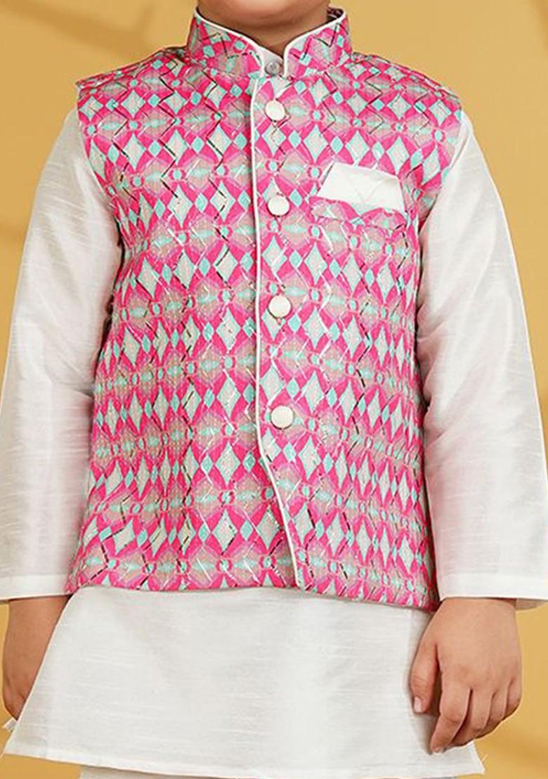 White Solid Blended Kurta Dhoti Set For Boys - Indya