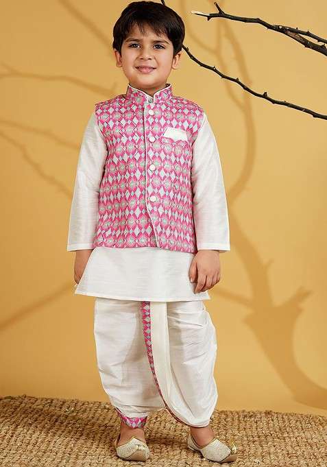 White Solid Blended Kurta Dhoti Set For Boys