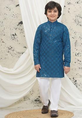 Blue Embroidered Blended Kurta Set For Boys