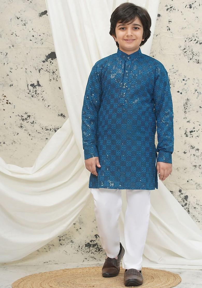 Blue Embroidered Blended Kurta Set For Boys - Indya