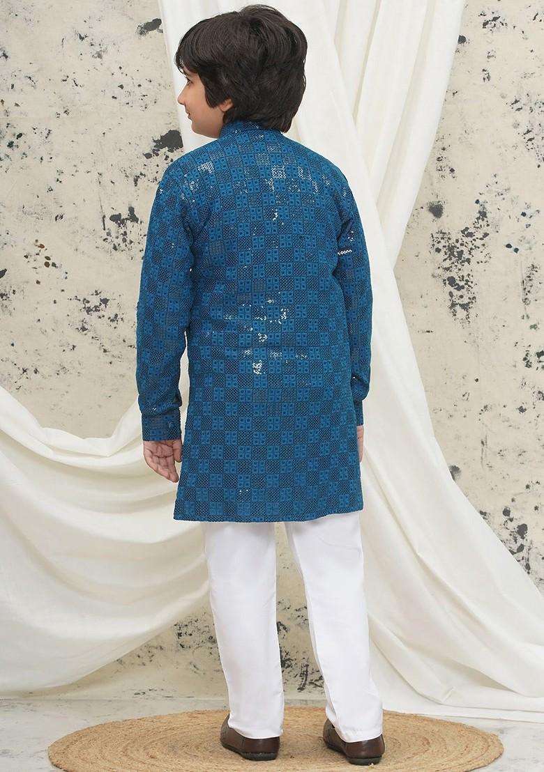 Blue Embroidered Blended Kurta Set For Boys - Indya