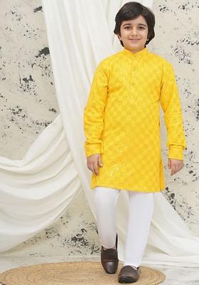 Yellow Embroidered Blended Kurta Set For Boys